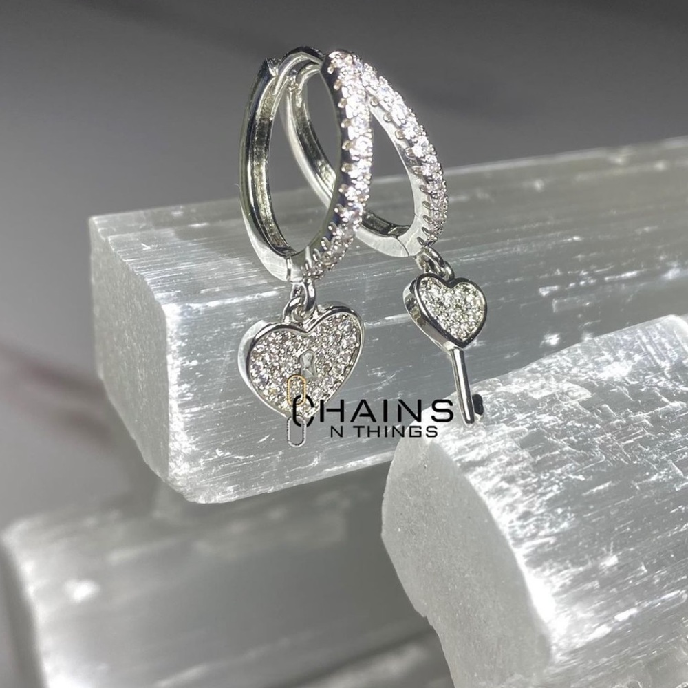 Key & Heart Lock Earrings Silver, Charms Zircon Crystal Love Jewelry Women Girls